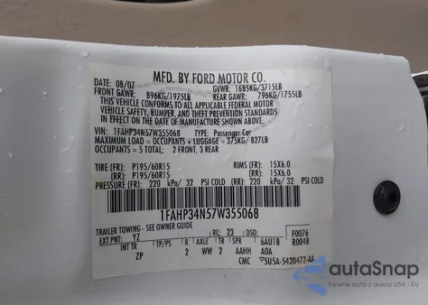 2007 Ford Focus S/Se/Ses from USA, damaged, VIN 1FAHP34N57W355068